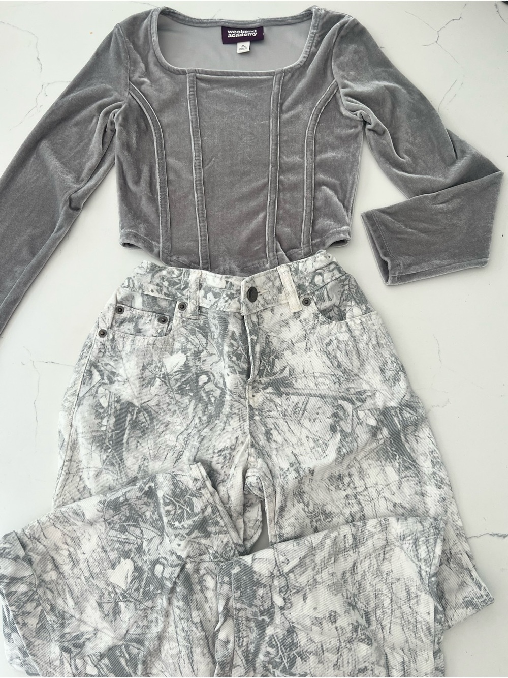 Girls trendy white & grey camo wide leg jean outfit